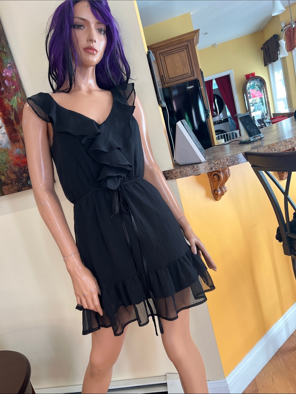 Summer S goth gothic Sleeveless Black Ruffle Tie-Waist Mini Dress